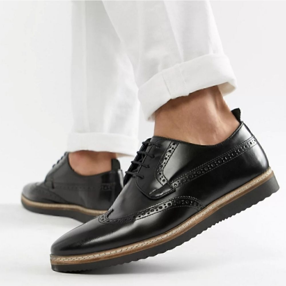 ASOS DESIGN fit brogue shoes in black leather with wedge sole size 13
